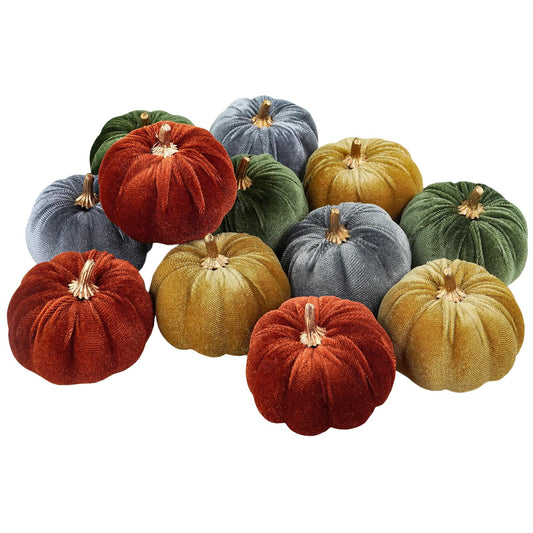 Winlyn 12 Pcs Assorted Small Faux Harvest Velvet Pumpkins Decorative Rust Olive Gold Gray Fabric Foam Pumpkins 3" for Fall Wedding Thanksgiving Halloween Table Centerpiece Farmhouse Decor