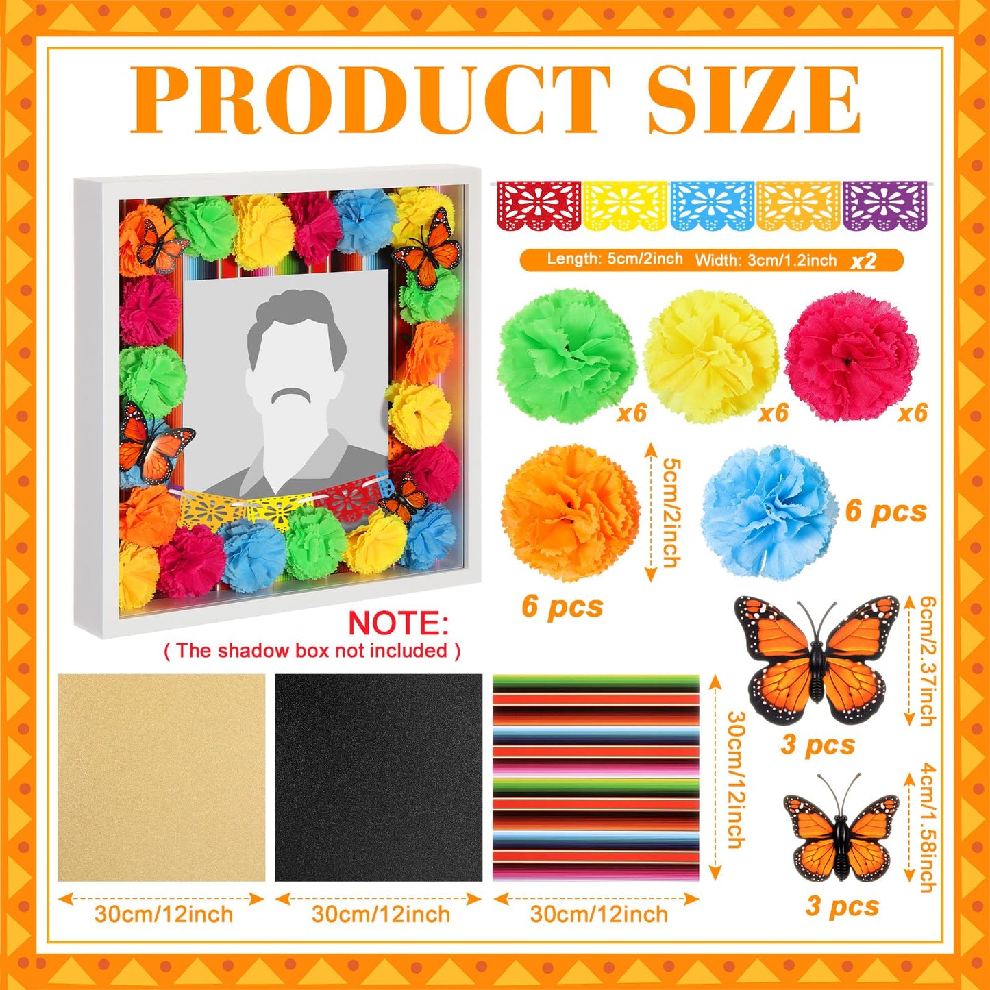 AceOrbit 41pcs Day of The Dead DIY Shadow Box Craft Set Memorial Shadow Box Accessories 6 Monarch Butterfly 30 Artificial Marigold Flowers 2 Papel Picado Banner 3 Background Paper(Colorful)