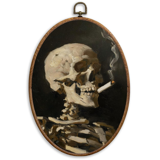 SONMYSULIL Funny Gothic Skeleton Wall Art Decor, Whimsical Goth Oval Wall Hanging Decor, Antique Moody Smoking Skeleton Framed Canvas Prints for Home Bedroom Living Room, 8.6x11.4 Inch