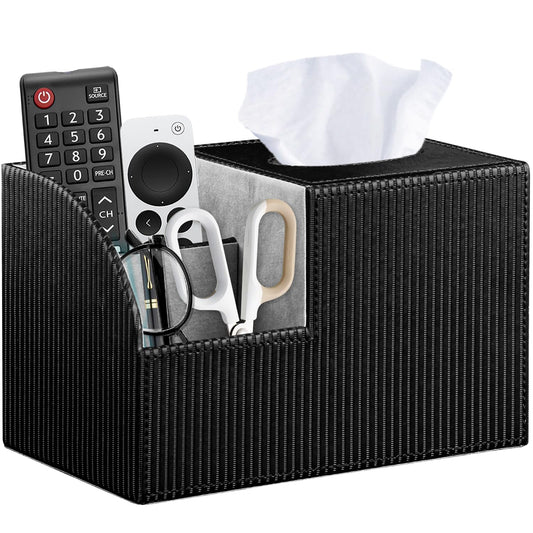 Fanousy Tissue Box Cover Square with Storage, PU Leather Cube Tissue Box Holder, Multifunction Remote Control Nightstand Organizer, Modern Desk Caddy for End Table, Bathroom, Home, Office Decor