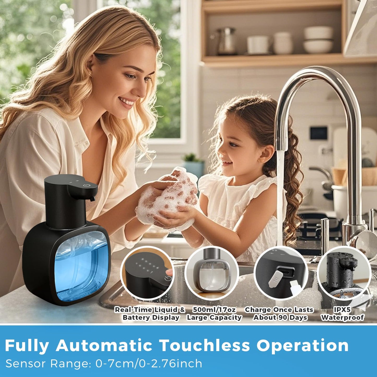 DODO MEKIA Automatic Liquid Soap Dispenser, 17oz/500ml Touchless Rechargeable with 4-Level Adjustable & IPX5 Waterproof - Level Display for Wall/Tabletop Use in Bathroom, Kitchen, Black