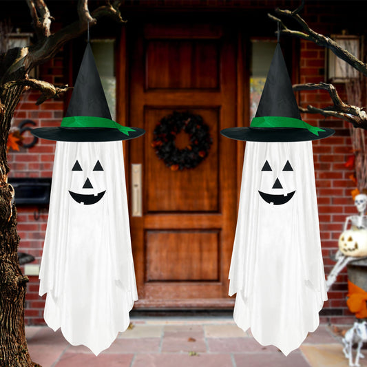 LINAYE Halloween Hanging Ghosts Decorations Outdoor - 2 Pack White Ghost Decorations Outside, Cute Hanging Decorations Decor for Kids' Outdoor Garden, Tree, Porch, Lawn