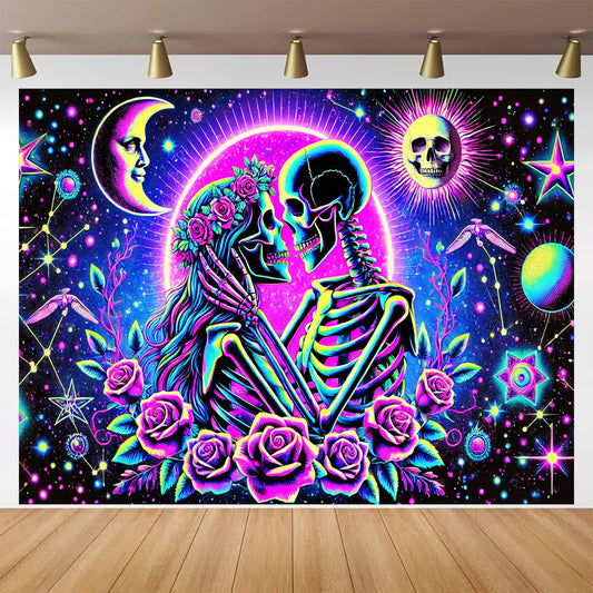 BlissYard Skeleton Love Galaxy UV Black Light Tapestry 78x59 Inches Art Color Neon Light Background Bedroom Living Room Wall Party Decoration Gothic Romance Psychedelic Celestial Skull Couple Decor