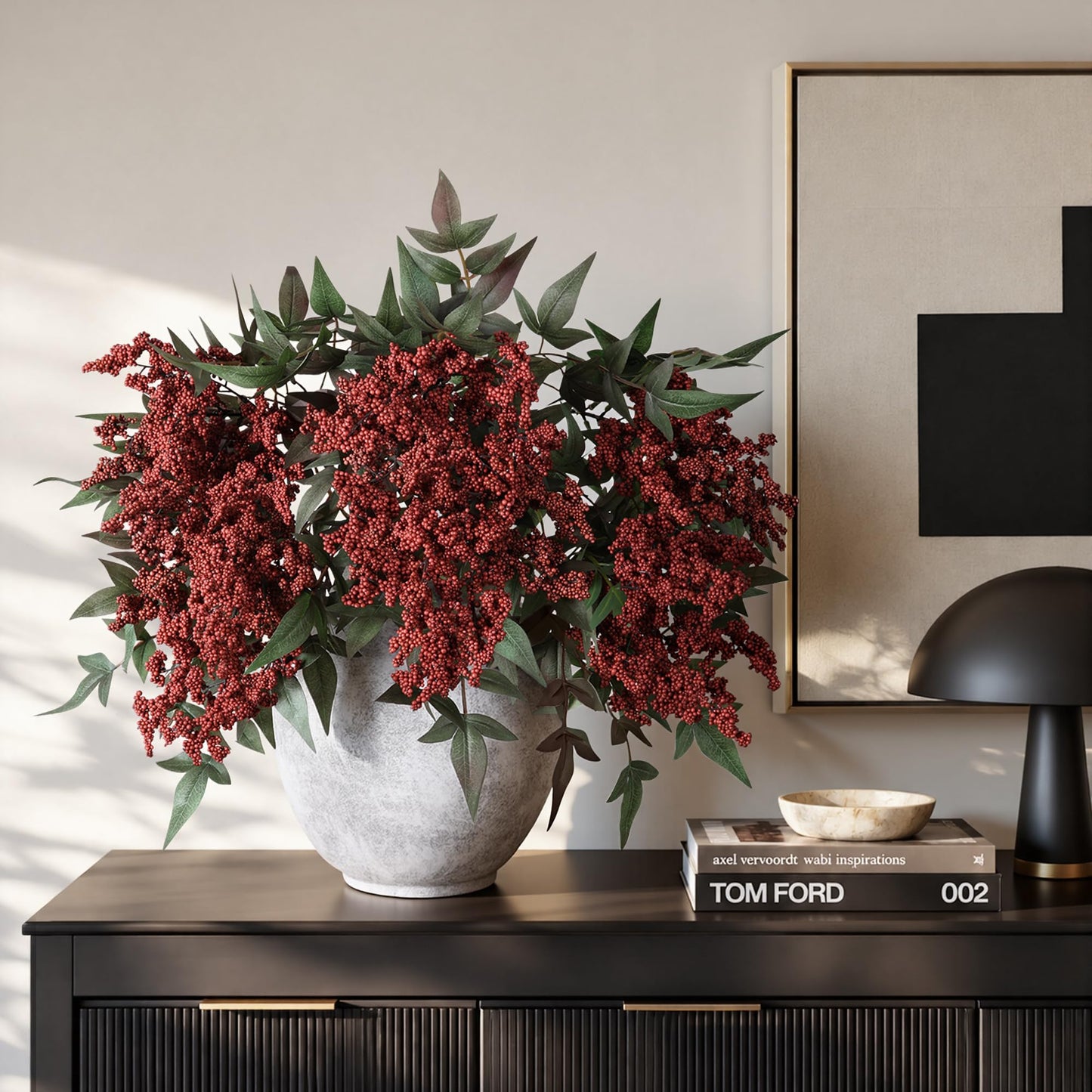 FancyPlus Artificial Flowers 35 Inch Artificial Nandina Berry Stem 3 Pcs Faux Flowers for Vase Realistic Sedum Spray for DIY Bouquet, Shower, Farmhouse, Mantel, Home Decor(Burgundy)
