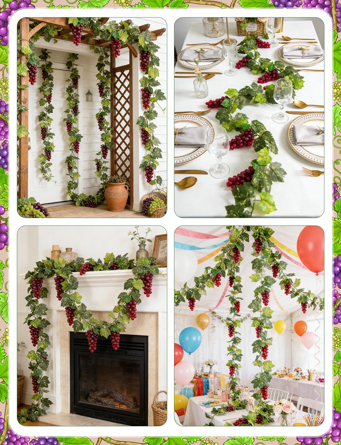 UAYVEBS 6.6FT Artificial Grape Vine Leaf Garland Plant with 7 Strings Grapes, Fake Artificial Greenery Garlands Hanging Leaves for Wedding Party Store Home Indoor Outdoor Garden Spring Decor