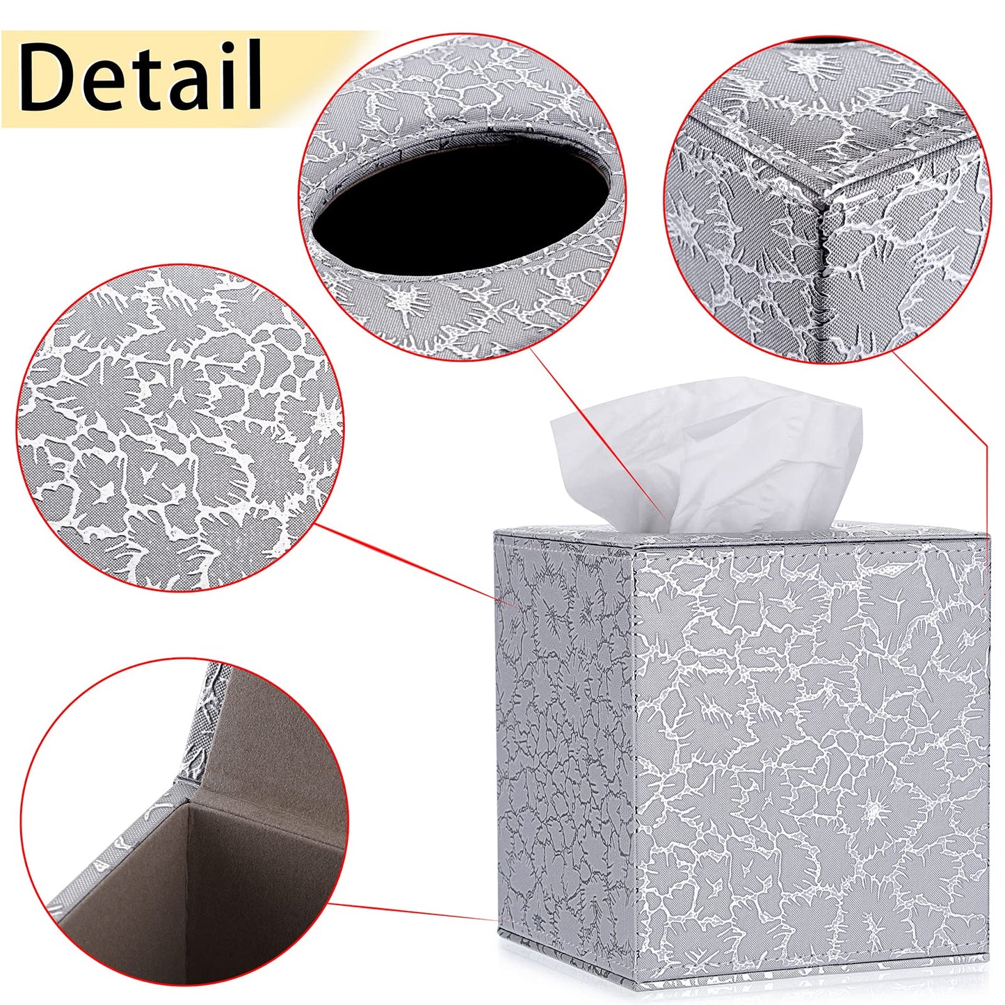 Sumnacon Square Leather Tissue Box Cover - Stylish Cube Tissue Box Holder with Magnetic Bottom, Decorative PU Tissue Box for Vanity Dresser Night Stand Table Countertop Home Office Car, Silver