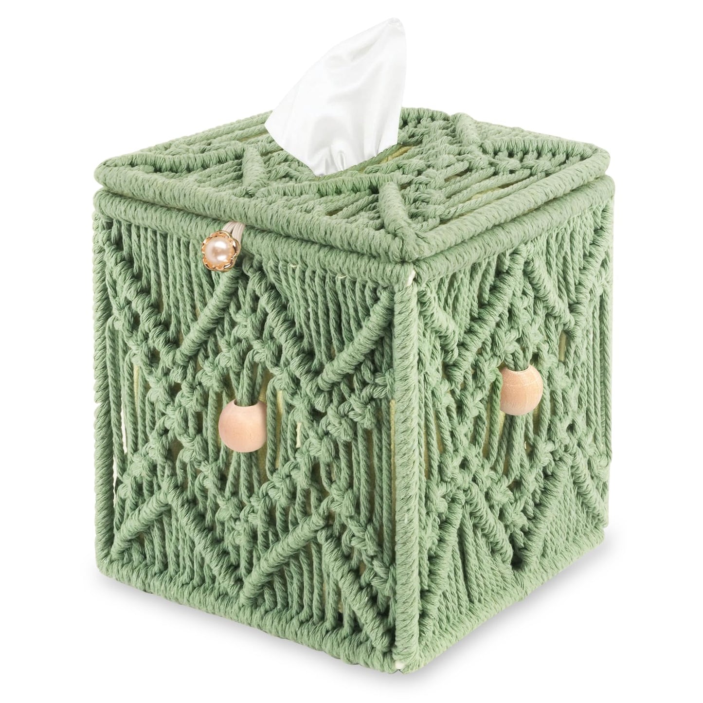 KaloKalo Handmade Tissue Box Cover Decorative Macrame Boho Square Tissue Holder Cotton Rope Woven Napkin Facial Paper Organizer Bohemian Desk Storage Container with Buckle Wood Beads (Light Green)