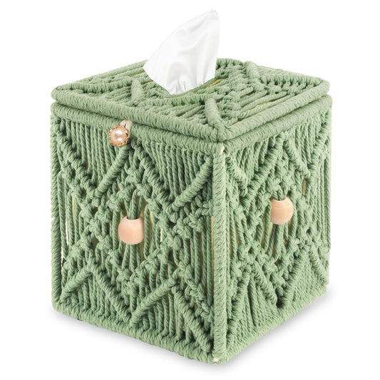 KaloKalo Handmade Tissue Box Cover Decorative Macrame Boho Square Tissue Holder Cotton Rope Woven Napkin Facial Paper Organizer Bohemian Desk Storage Container with Buckle Wood Beads (Light Green)