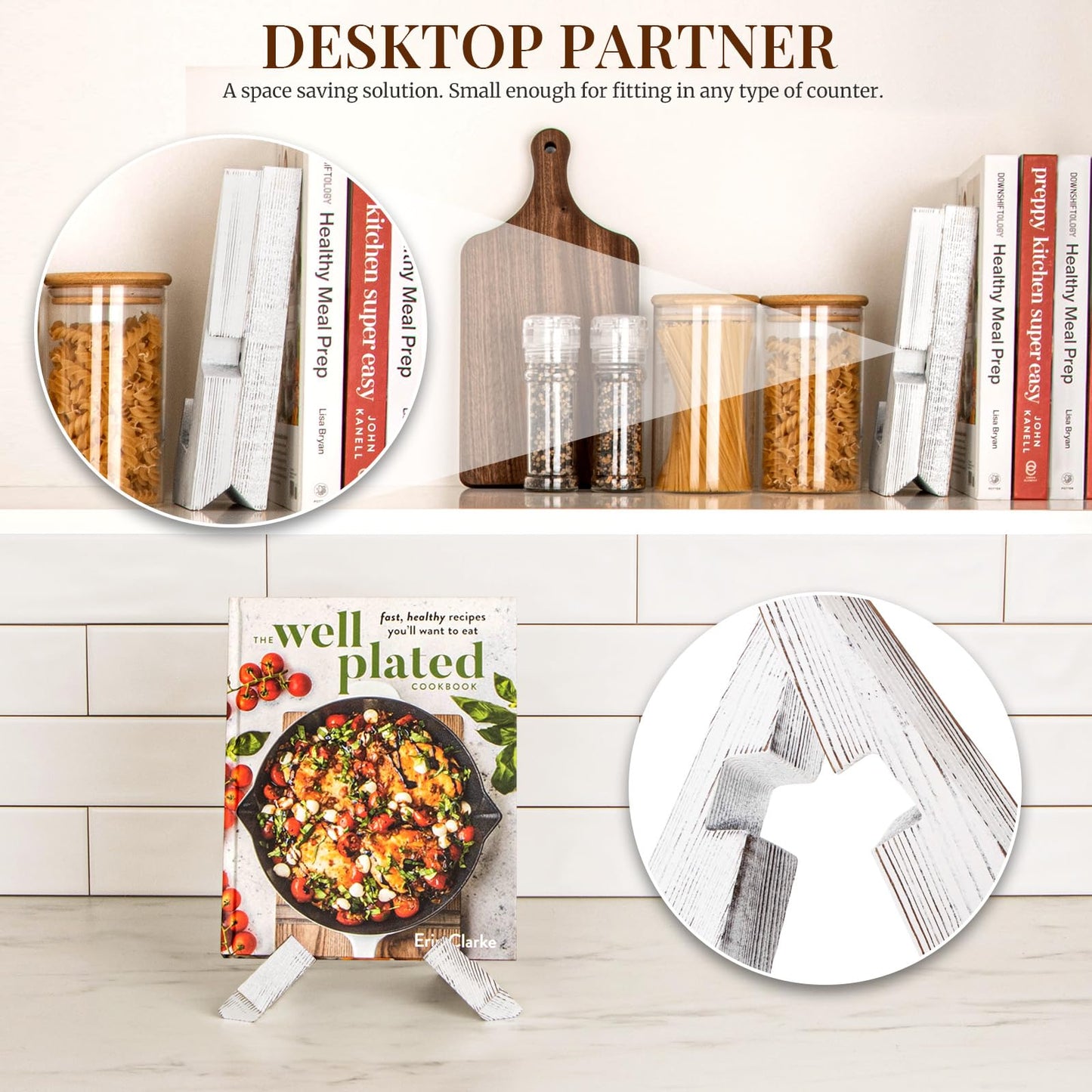 PUERSI Cookbook Stand for Kitchen, Recipe Book Holder for Kitchen Counter, Wooden Cookbook Holder, Rustic Cook Book Holder Stand - Farmhouse White - 1 Set