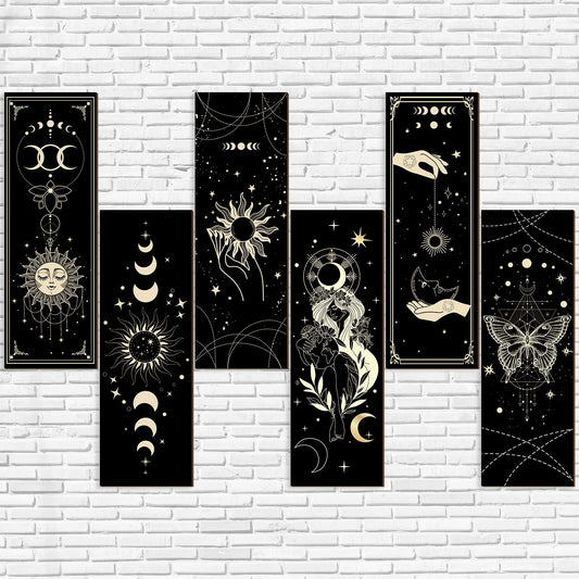 Sintuff 6 Pieces Wall Decor Gothic Boho Wall Art Sun Moon Phases Hanging Rectangular Wooden Minimalist Vintage Sign Plaque Farmhouse Pediments for Home Living Bedroom