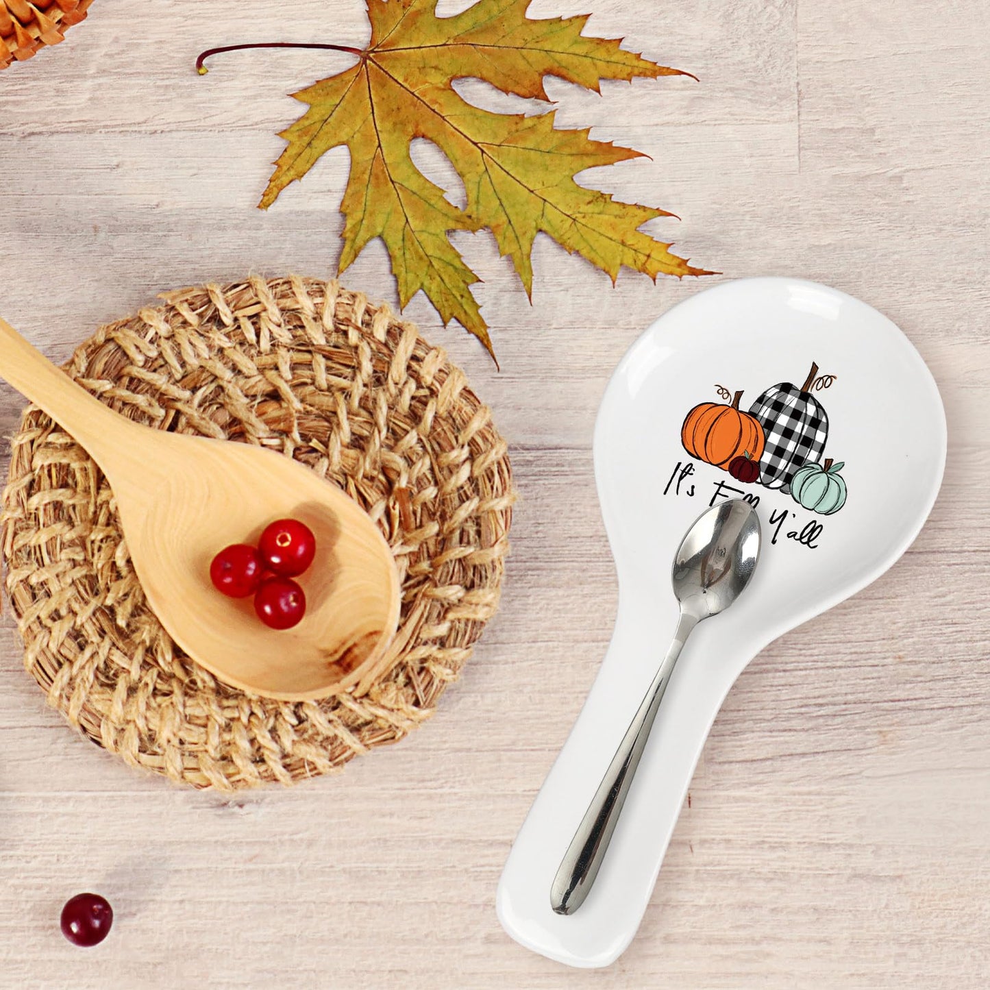 Whaline 9.4 Inch Fall Spoon Rest Orange Green Plaid Pumpkin Ceramic Utensil Rest Fall Y'all Cooking Spoon Holder for Autumn Thanksgiving Stove Top Kitchen Counter Decor