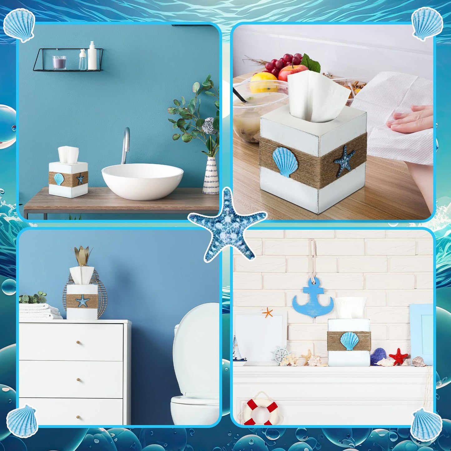 Threehoney Wood Tissue Box Cover Square Beach Farmhouse Bathroom Accessories Conch Starfish White Tissue Box Holder with Slide Out Bottom Rustic Ocean Room Decor Coastal Napkin Holder