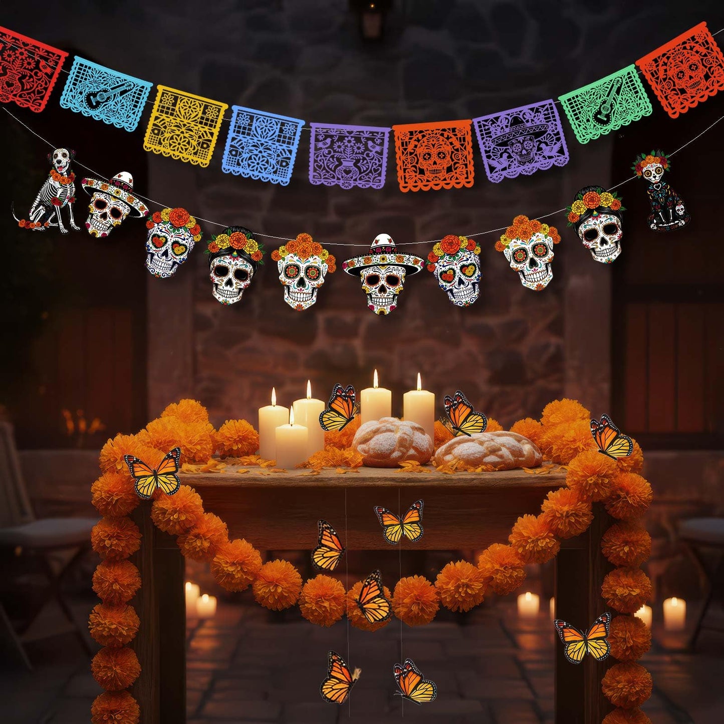 Day of The Dead Calavera & Papel Picado Banners Dia De Los Muertos Day of The Dead Party Decor with Monarch Butterfly Artificial Marigold Day of The Dead Flag Butterfly Decoration