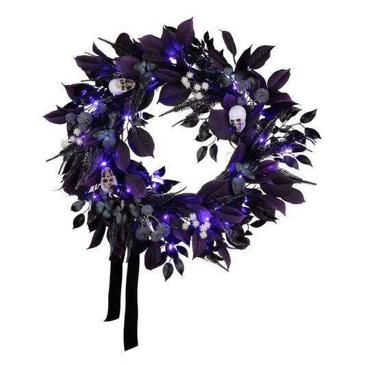 National Tree Company, 26inch Artificial Floral Mini Skull Wreath, 30 Purple LED Lights,