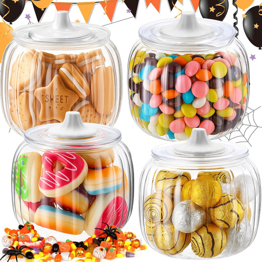 Mimorou 4 Pcs 42oz Halloween Pumpkin Jar with Lid Plastic Cookie Candy Jars with Airtight Lid Clear Pumpkin Shaped Snack Fruit Bowl for Halloween Fall Thanksgiving Home Indoor Party Decoration