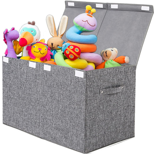 popoly Large Toy Box Storage with Lid, Collapsible Sturdy Toy Chest Storage Bin Box with Rivets Handles for Kids, Boys, Girls, Nursery, Playroom, Living Room, Bedroom, 25"x 13" x 16" (Linen Gray)