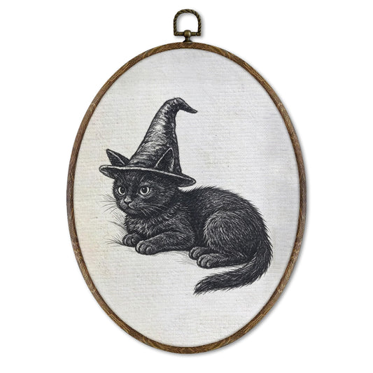 XNXLDYLH Witchy Black Cat Oval Framed Wall Art Decor, Halloween Whimsical Witch Medieval Hanging Wall Decor Decorations, Vintage Dark Academia Gothic Canvas Prints Wall Art Paintings, 8.5x11.5 Inches