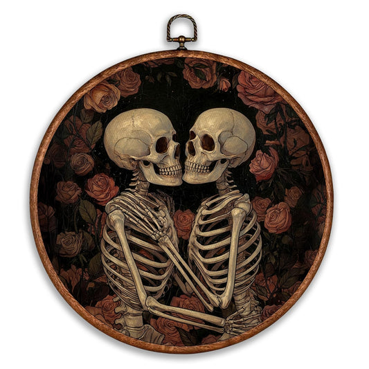 Ebroniah Couple Skeleton Lovers Valentines Round Canvas Wall Art, Vintage Skull Floral Rose Wall Decor Framed Hanging for Living Room Wedding Wife,Gothic Pictures Art Prints Artwork for Bedroom 10inch