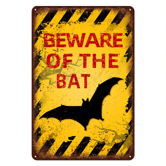 Vintage Bat Metal Sign Beware of Bat Aluminum Sign Funny Beware Animal Decor 12"x8" Inch