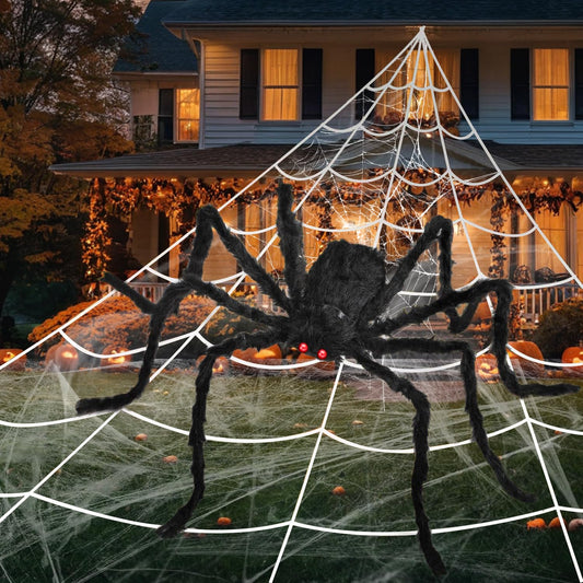 Halloween Decorations Set, 276'' Triangular Huge Spider Web + 59'' Giant Fake Spider and 20Pcs Mini Fake Spiders 40g Fine Cobweb Props for Indoor Outdoor Yard Scary Haunted House Halloween Party Décor