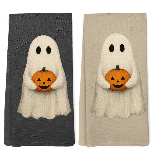 EGBTL Halloween Ghost Holding Pumpkin Kitchen Towels, Whimsical Ghost Hand Towels for Bathroom Decor, Cottagecore Halloween Spooky Dishcloths Dish Towel for Kitchen Cottage 16x24 Inches Set of 2
