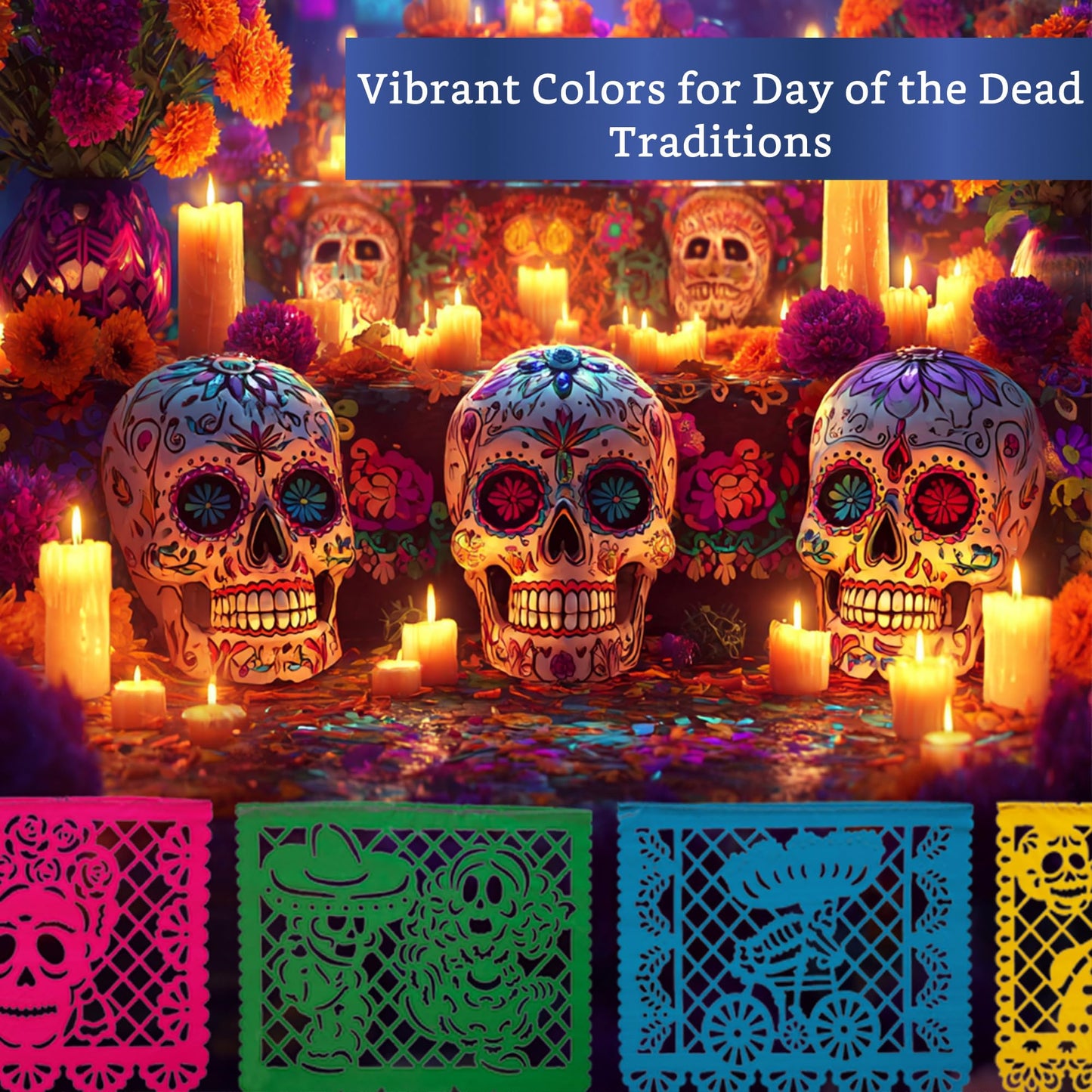 Mexican Party Banners (5 Pack - 10 Plastic Flag Designs per Banner) - Papel Picado Dia de Los Muertos Decorations for Altar - Day of the Dead Banners - Day of Dead Decor