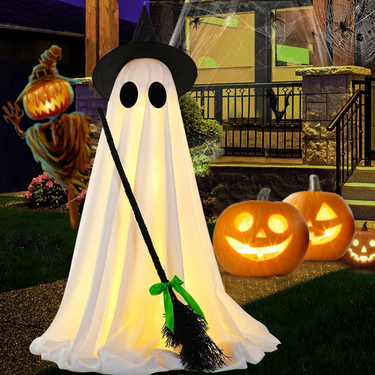 Halloween Decorations Indoor Outdoor, Spooky Ghost Halloween Decor with Witch Broom, Scary Ghosts Decor with LED Lights for Front Porche Yard Garden Home (1Pack)
