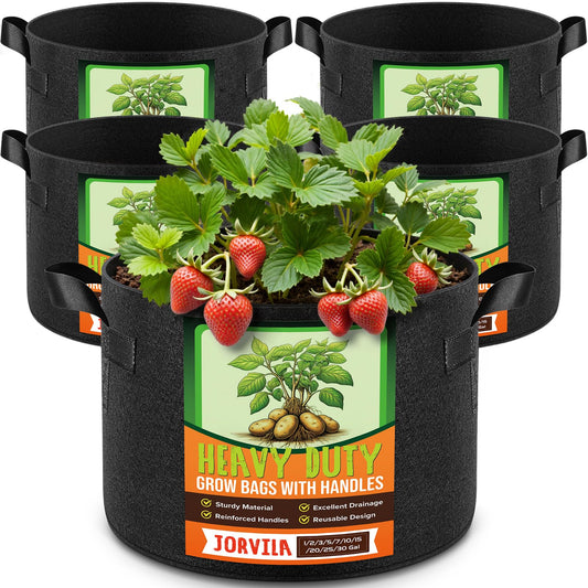 Jorvila 5 Pack 10 Gallon Grow Bags, Thickened Nonwoven Fabric Planter Pots with Handles, Heavy Duty 300G Garden Pots for Tomato, Potato and Vegetable
