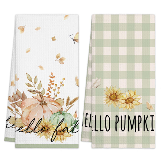 RPLCSPC Hello Fall Decorative Kitchen Towel Gift, Pumpkin Floral Dish Towels, Birthday Housewarming Gift Ideas for Family Friends, Farmhouse Home Fall Seasonal Decoration(Set of 2)-C13