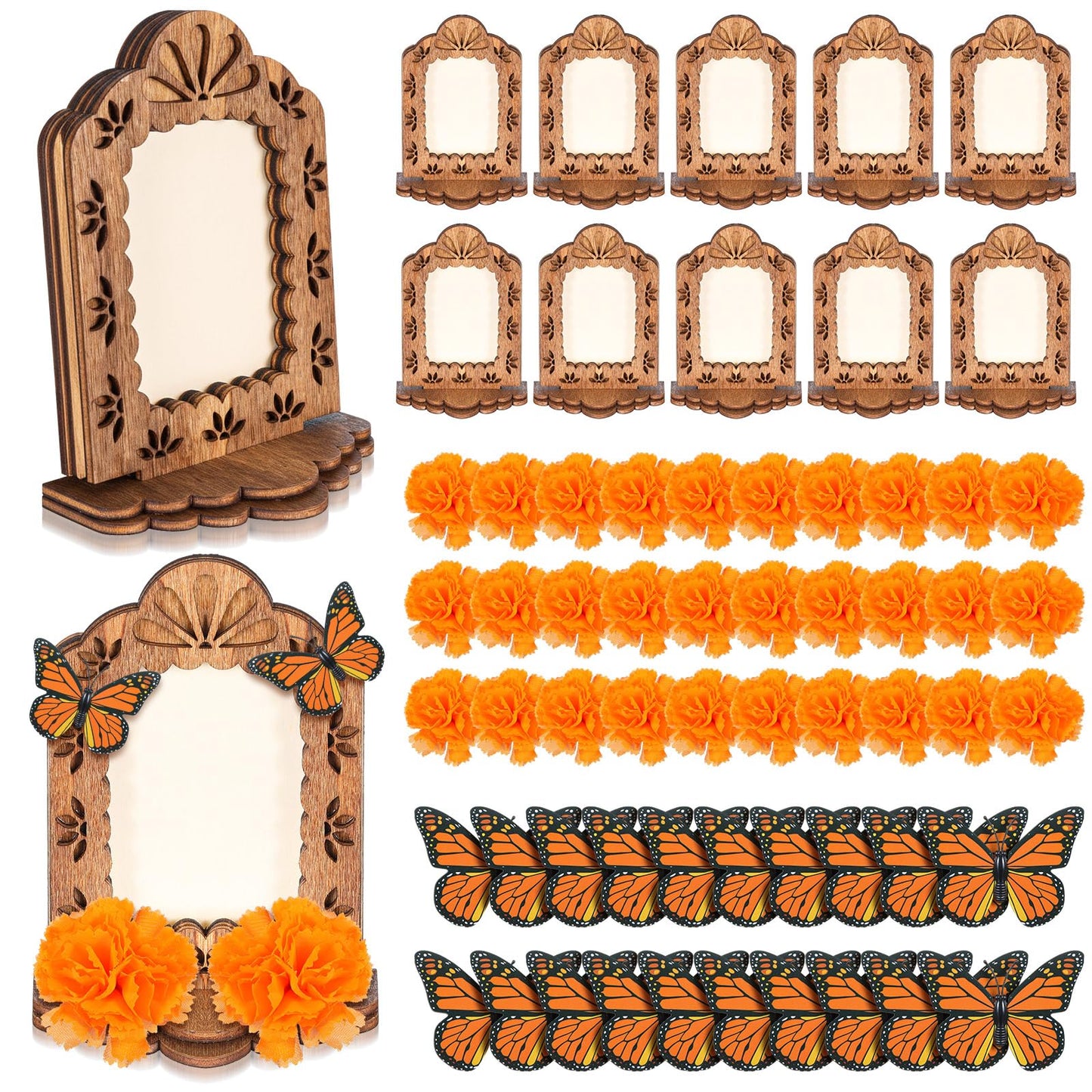 Thyle 60 Pcs Dia De Los Muertos Decorations Picture Frames Kits Day of The Dead Ofrenda Altar with 10 Wooden Photo Frames 30 Artificial Marigold Flower 20 Butterfly for Day of The Dead Decoration