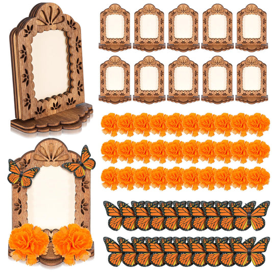 Thyle 60 Pcs Dia De Los Muertos Decorations Picture Frames Kits Day of The Dead Ofrenda Altar with 10 Wooden Photo Frames 30 Artificial Marigold Flower 20 Butterfly for Day of The Dead Decoration