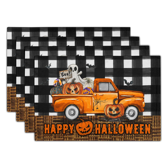 Happy Halloween Placemats Set of 4, 12x18 Inch Pumpkin Ghost Truck Bats Buffalo Plaid Washable Linen Dining Table Place Mats Farmhouse Seasonal Kitchen Dinner Party Holiday Decor