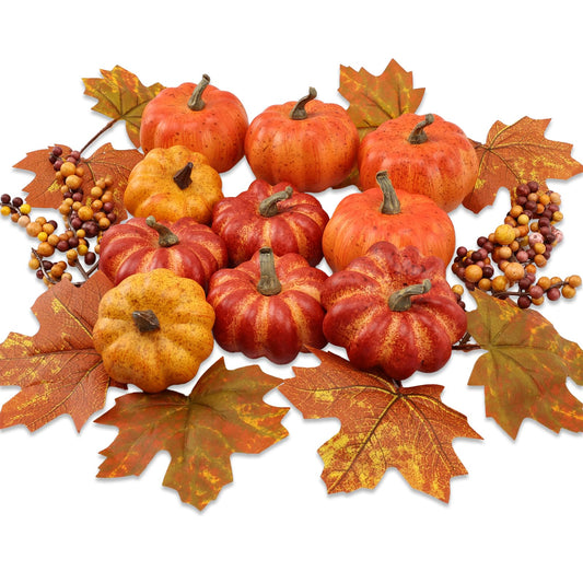 Realistic Mini Pumpkin Decor Indoor 16PCS Artificial Pumpkins for Fall Decorations for Home Fall Centerpieces for Tables Outdoor Thanksgiving Halloween Party/Berries Maple Leaf Autumn Fillers decor