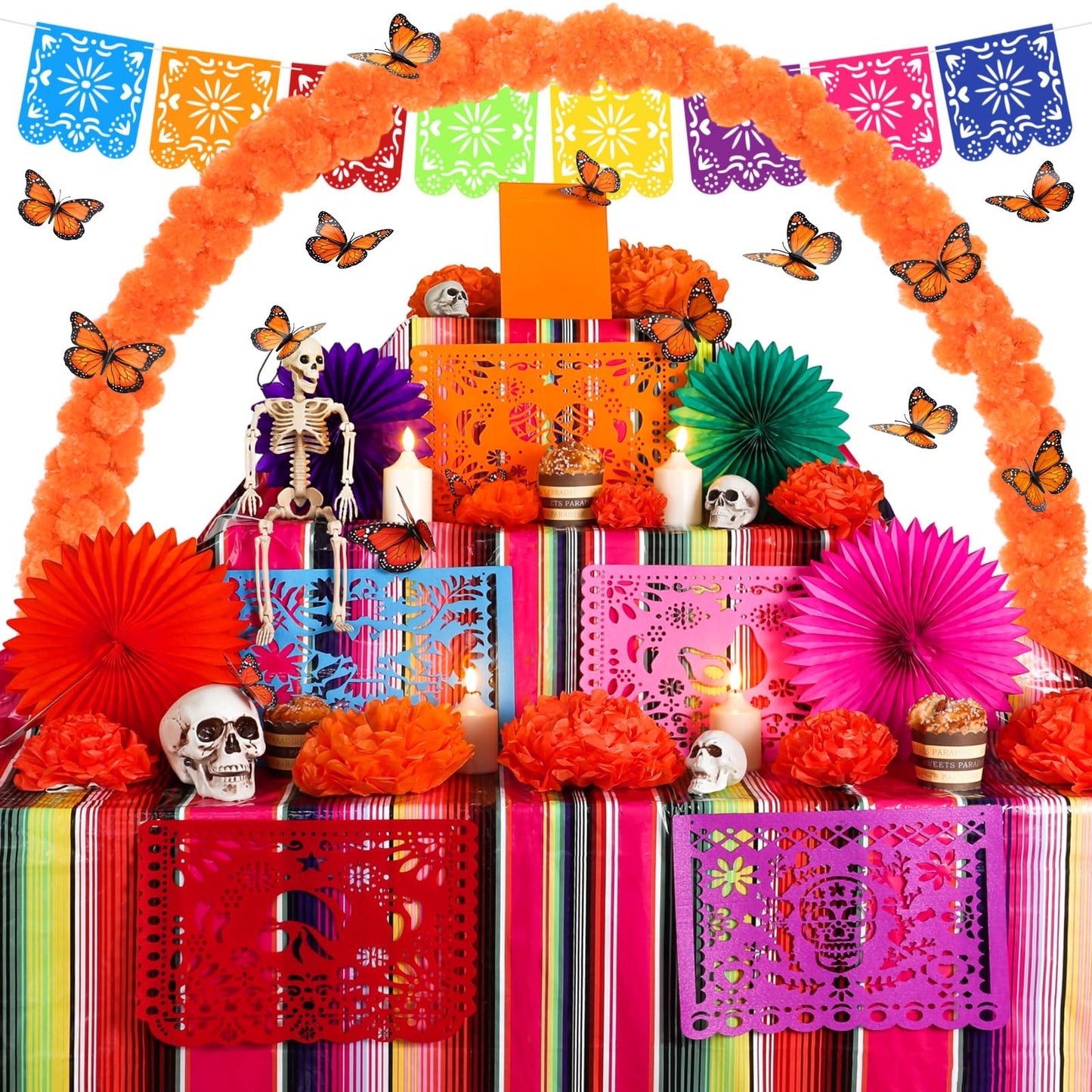 Suncalla 66 Pcs Day of the Dead Altar Set Marigold Flower Arch Dia De Muertos Tablecloth Flameless LED Candle Paper Fan Butterfly Mexican Papel Picado Banner Supplies(Classic,Multicolor)