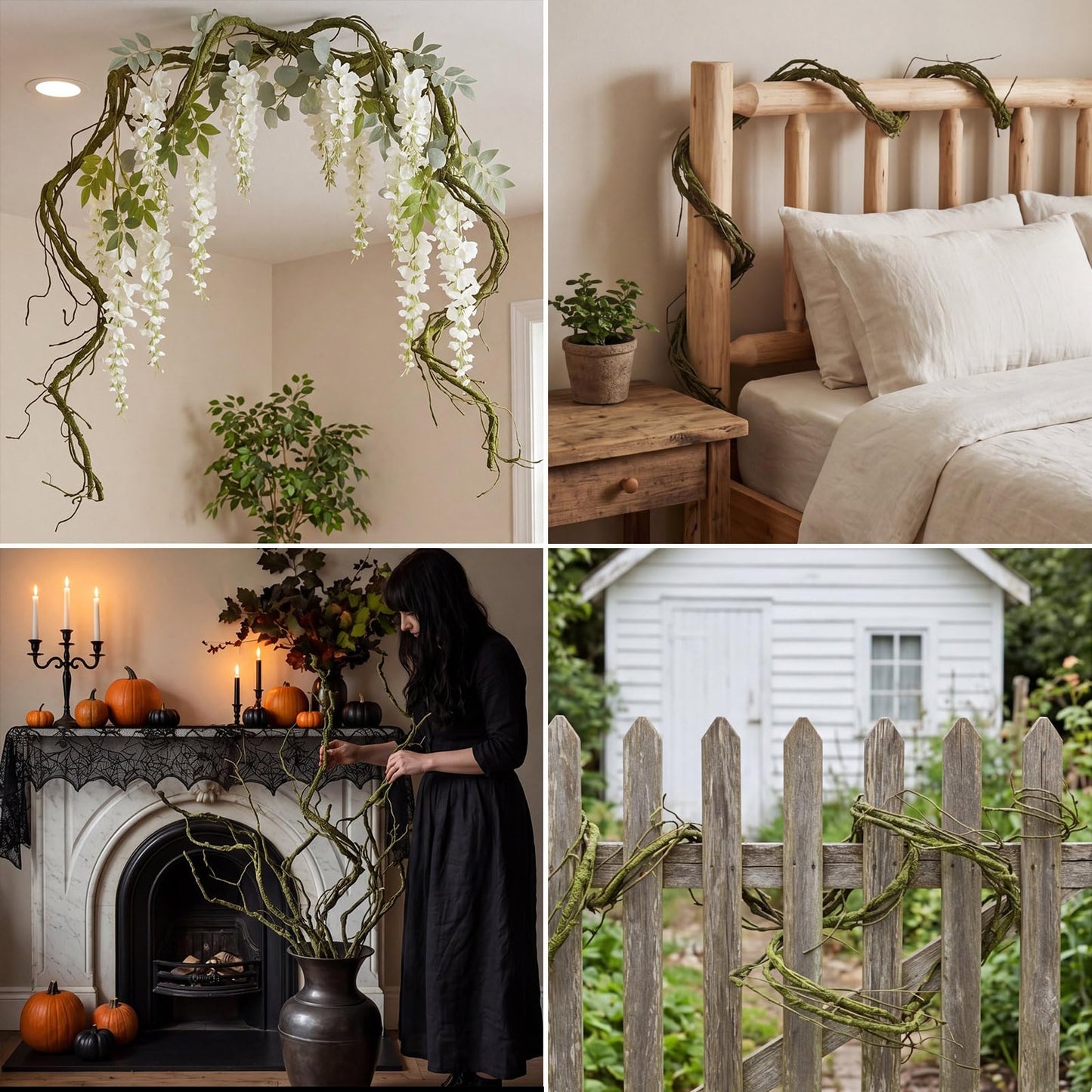 Suncalla 4 Pcs 118 inch Flexible Artificial Tree Branches Halloween Fake Bendable Trunk Grapevine Garland Twig Rattan Wreath Cherry Grape Vine for Wall Hanging Front Door Reptile Habitat Decor(Green)