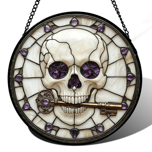 CRISGIF Stained Glass Window Hanging - Halloween Scary Skull Suncatcher for Doors Garden Home Spooky Purple Skeleton Key Sun Catchers Gothic Decor Horror Gifts for Women Men Friend Boy Girl 9.8 in
