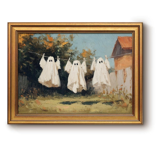 Bzstyleart Gold Framed Vintage Wall Art for Living Room, Halloween Picture Wall Decor, Ghost on Clothesline Dark Academiec Autumn Print, Rustic Farmhous Artwork for Bedroom Bathroom, 12x16 Inch