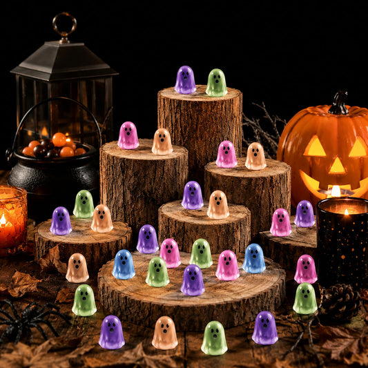 SengTu Mini Ghosts Halloween Figurines, 100 PCS Glow in The Dark Resin Ghost Figurine Miniatures, 5 Color Halloween Trinkets, Cute Ghost Decorations for Fairy Garden Dollhouse Tiered Tray Party