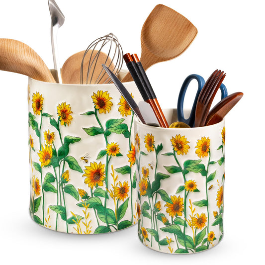 Sunflower Utensil Holder, 7.1"+5.4" Ceramic Utensil Holder for Kitchen Counter, Cooking Utensil Crocks for Countertop, Utensil Storage Container Organizer for Spoon, Sunflower Farmhouse Kitchen Decor