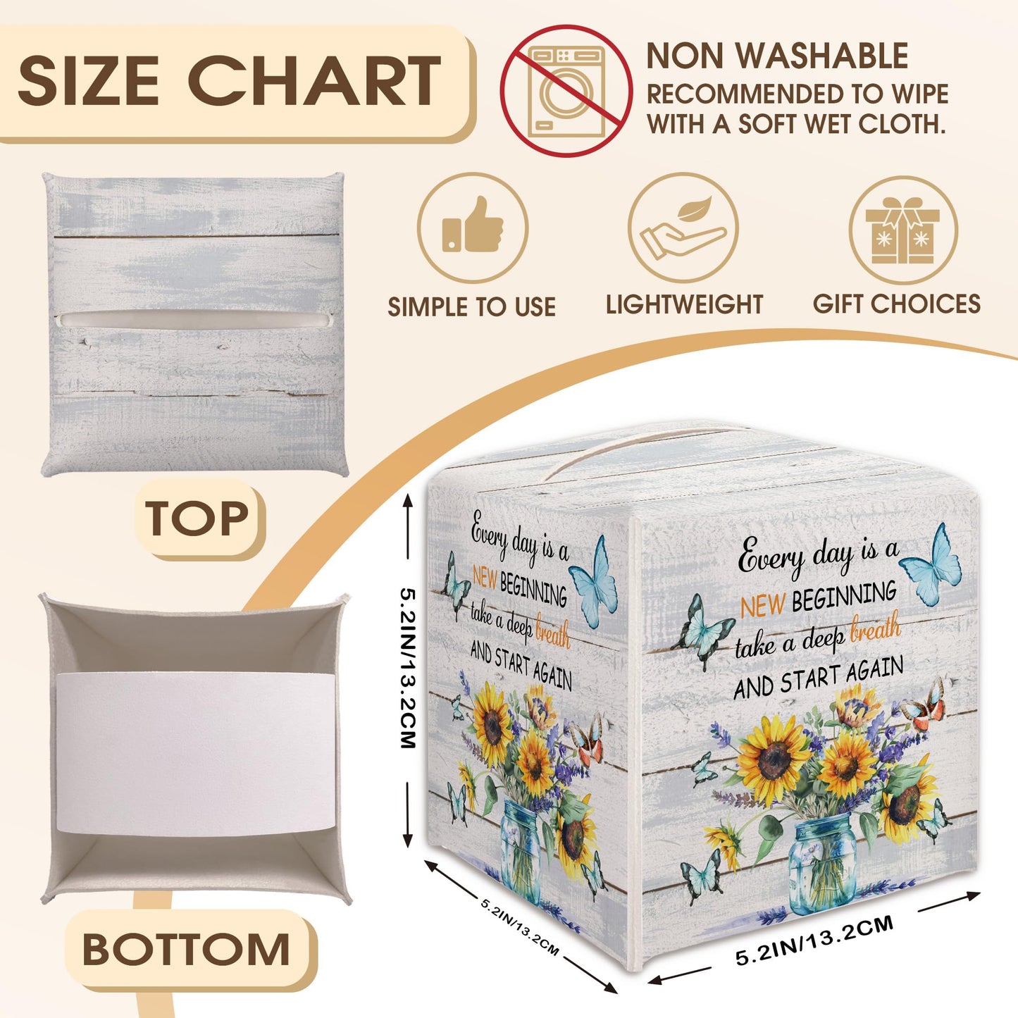 Floral and Butterflies Tissue Box Cover Holder, Tissue Box Cover Holder with Belt Bottom, New Beginnings Gift for Family Friends, Home Bathroom Table Decor-(5.2 Inches) A18