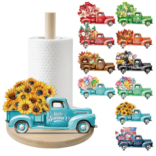 APUDWN Interchangeable Paper Towel Holder Seasonal Freestanding Bamboo Paper Towel Holder with 10 Holiday Sign Countertop Decoration for Summer 4th of July Kitchen Home Bathroom (Truck)