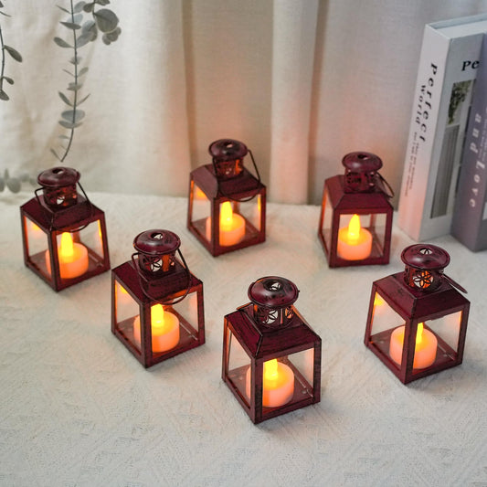 TRIROCKS 6 Pcs Small Metal Candle Lanterns Vintage Hanging House Tealight Lantern Decorative Candle Tea Light Holders for Table Valentine Patio Indoor Outdoor Gifts(Red)
