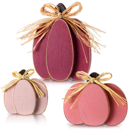 Ferraycle 3 Pcs Fall Pumpkin Decor Fall Wooden Signs 3D Pumpkin Tabletop Decor Farmhouse Sign Rustic Tiered Tray Decorations Block Centerpieces Standing Sign for Home Kitchen Harvest(Pink Color)