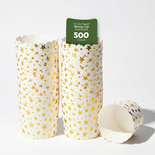 Restaurantware Panificio 4.5 Ounce Baking Cups 50 Disposable Paper Baking Cups - Greaseproof Oven-Ready White Paper Muffin Liners Microwavable Gold Star Print