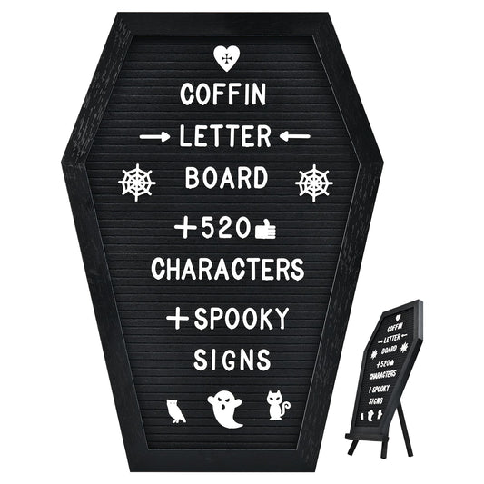 Coffin Letter Board - 520 Characters Spooky Halloween Characters with Wooden Stand and Canvas Bag - 16x11 Inches - Felt Message Board for Home Office Halloween Supplies & Decor (Black)