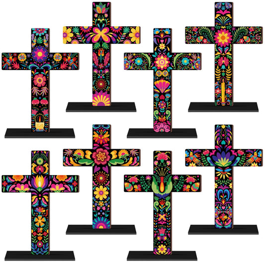 Amyhill 8 Pcs Dia De Los Muertos Altar Table Decorations Wooden Mexican Otomi Tenango Floral Folk Art Cross Centerpiece Day of The Dead Tabletop Sign Religious Cross for Home Desktop Shelf Decor