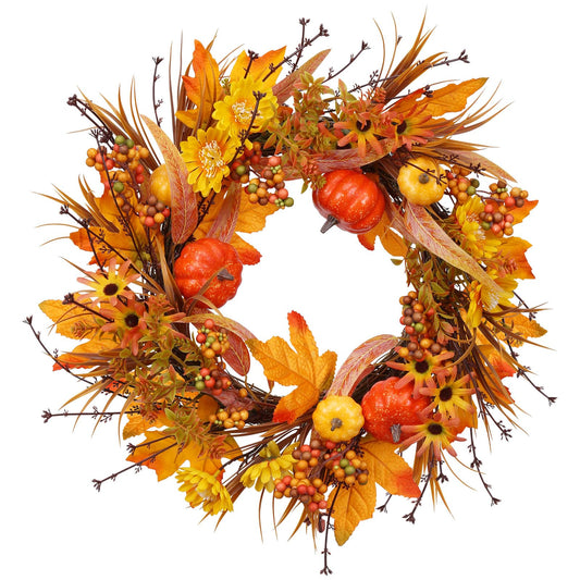 PurpleSwan 19Inch Fall Wreath, Artificial Pumpkins Maple Leaves Berry Fall Wreaths for Front Door Decor, for Home Autumn Harvest Thanksgiving Porch Outdoor Decorations.
