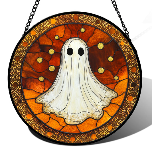 JOSUMALY Stained Glass Window Hanging - Halloween Decorations White Ghost Suncatcher for Doors Garden Indoor Spooky Funny Orange Sun Catchers Gothic Decor Horror Gifts for Women Men Friend 7.8 in
