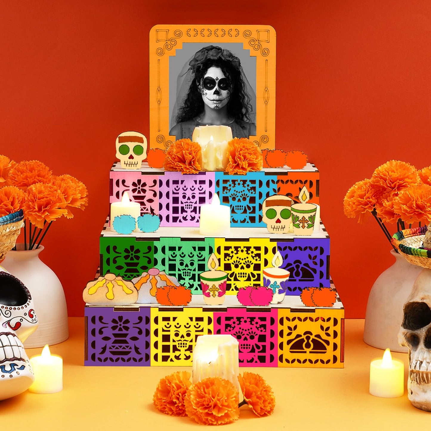 Geelin Dia De Los Muertos Altar Ofrenda Wooden Box with Painting Set DIY Wooden Day of Dead Decorations with Photo Frame Remembrance Memory Shadow Box for Home Halloween Party Gifts(Classic)