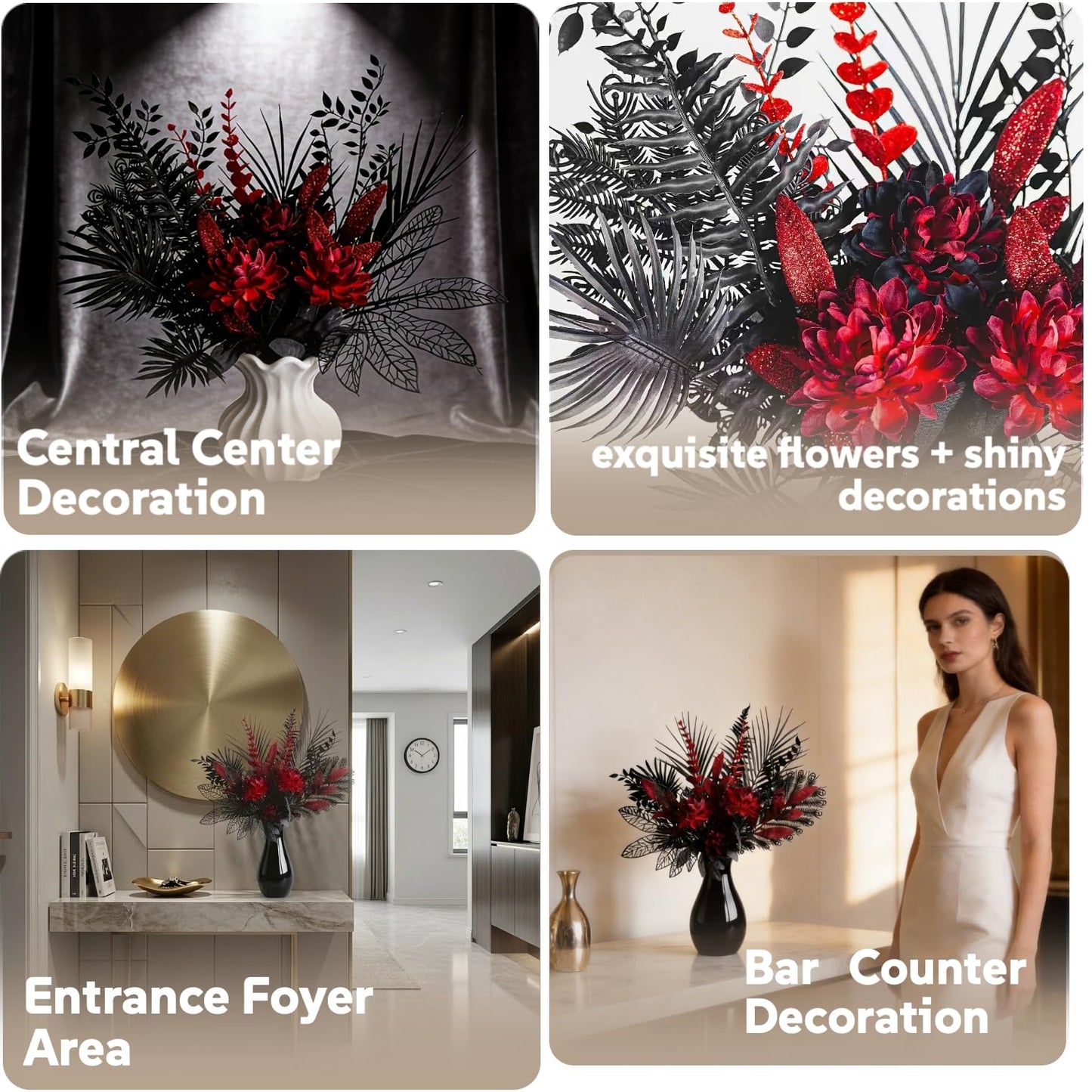 Gothic Black Red Artificial Flower Bouquets, 16-Stems Faux Silk Dahlia, Hollowed Foliage，Shining Eucalyptus Leaves, Dark Style, Themed Party，Bar Decoration，Halloween, Romantic Wedding (Without vases)